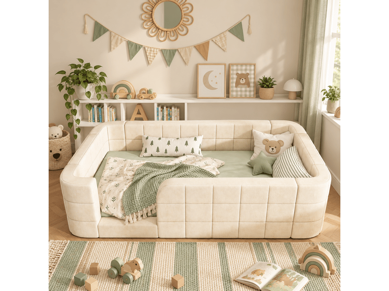  Lit au sol enfant 90x200 cm rembourré en chenille avec barrières de protection intégrales, entrée basse et sommier à lattes - beige  - Conforama E