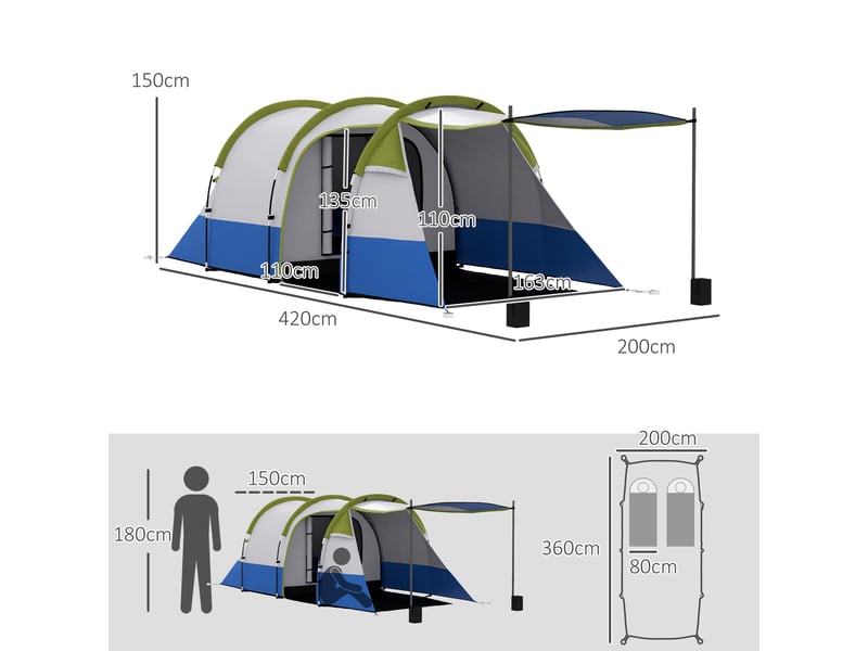  Tente de camping pour 2 personnes, crochet pour lanterne, trois entrées, imperméable, verte  - Conforama E