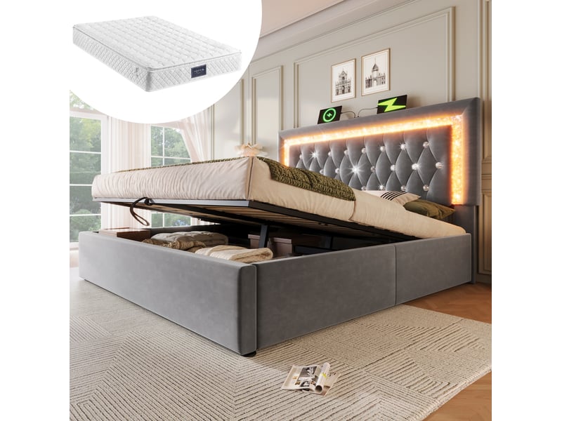  Modenvie lit coffre 140x200 cm - led intégrée, ports usb-c et rangement hydraulique, matelas inclus - gris  - Conforama B