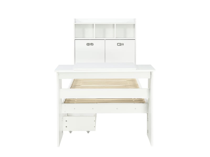 Lit simple 90x200 cm, lit enfant, tiroirs, bois blanc, étagères - Conforama B
