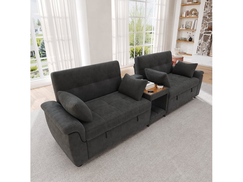  Canapé panoramique en u 4 places convertible avec double couchage, dossier réglable et porte-gobelets en chenille gris foncé  - Conforama D