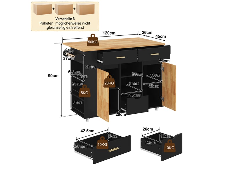 Desserte de cuisine à plateau rabattable, 3 tiroirs, 2 portes, roulettes verrouillables, noir naturel 120 × 71 × 90 cm - Conforama C