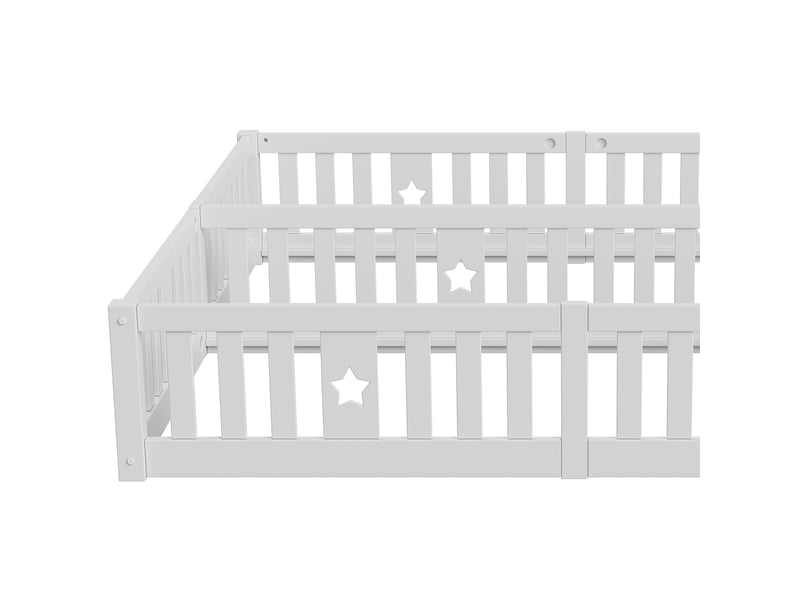 Lit double au sol avec barrières de protection 142x200 cm (90x200cm par couchage) - bois massif blanc - style montessori sans sommier à lattes - Conforama E