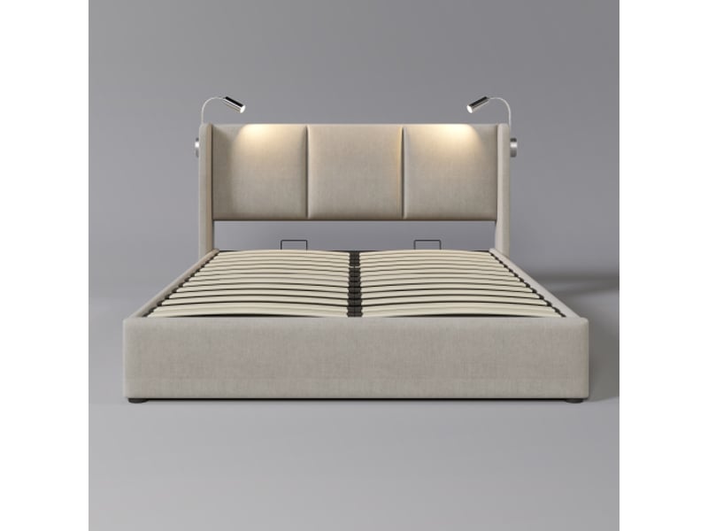  Lit coffre 140x200cm lit double rembourré avec 2 liseuses et prise usb, sommier à lattes - rangement hydraulique - tissu lin - beige  - Conforama A