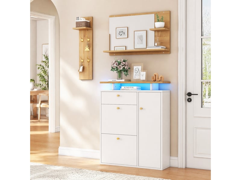Meubles d'entrée avec miroir, étagère, meuble à chaussures 3 niches, 4 crochets et led pour entrée 105×25×151,5 cm - Conforama B