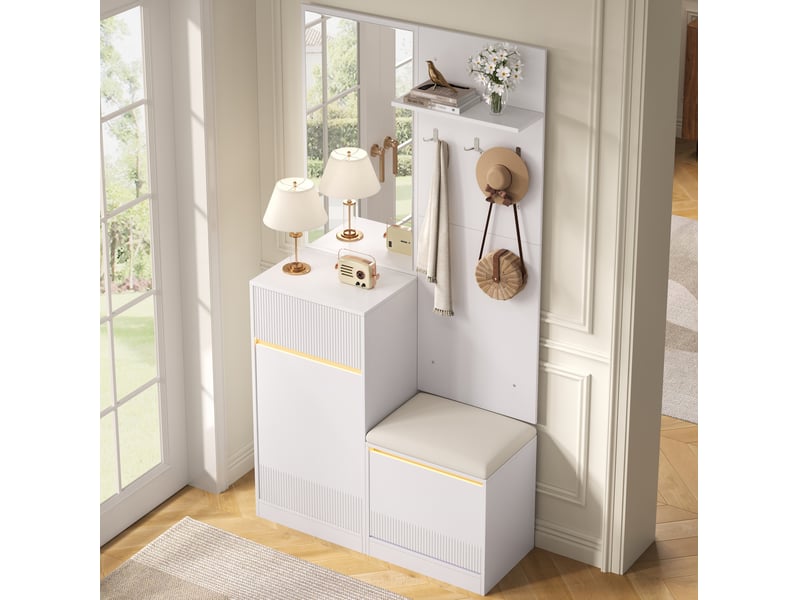  Meuble d'entrée avec miroir, banc, rangement chaussures, crochets et éclairage led en mdf blanc 105 × 38 × 190 cm  - Conforama D
