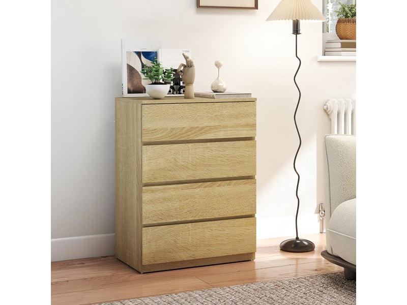  Commode en bois à 4 tiroirs avec glissières métalliques et poignées rainurées, 60 x 40 x 80 cm, couleur hêtre  - Conforama C