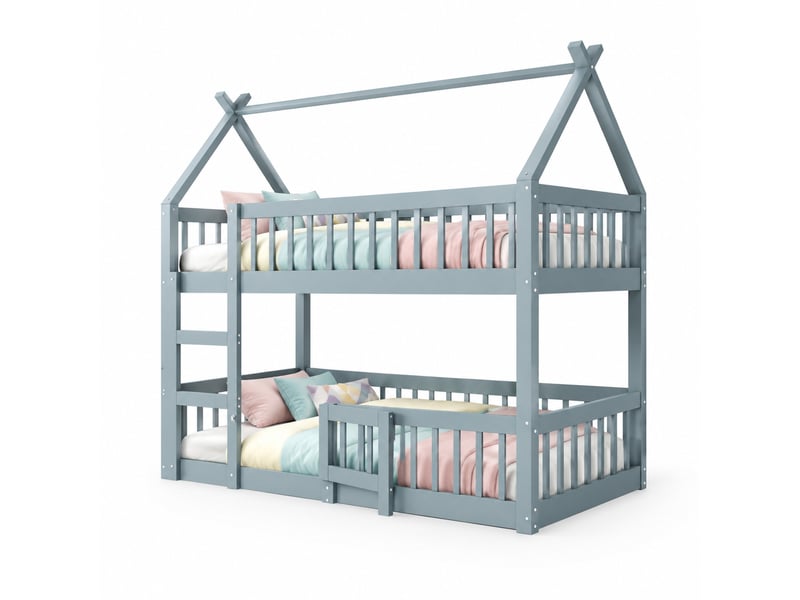 Lit mezzanine lit simple 90x200 cm en bois avec escalier, barrières et porte, gris, matelas non précisé - Conforama A