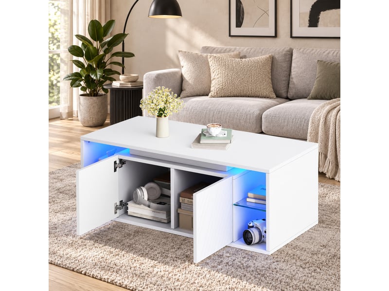  Table basse led 100 x 50 x 41 cm blanche, 2 portes, rangement semi-ouvert, panneaux de particules, charge 30 kg  - Conforama E