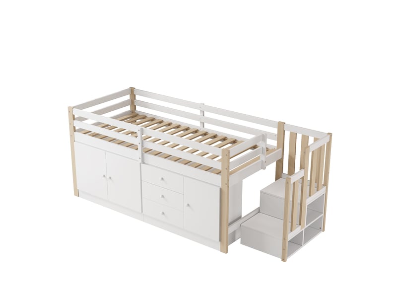  Lit mezzanine enfant 90x200 cm – blanc – escalier, rangements, penderie et sommier inclus - sans matelas  - Conforama D