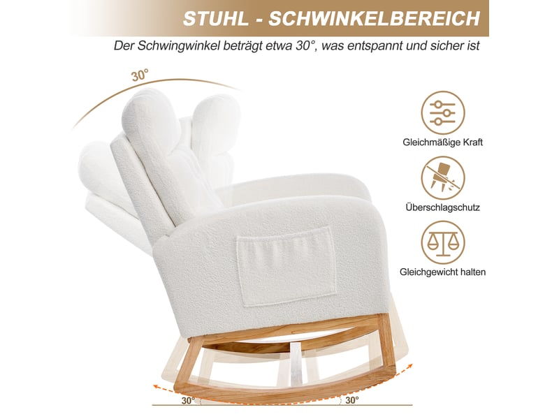 Fauteuil à bascule blanc 65,6 × 123 × 102 cm, tissu bouclette et bois, repose-pieds réglable, poches latérales - Conforama E