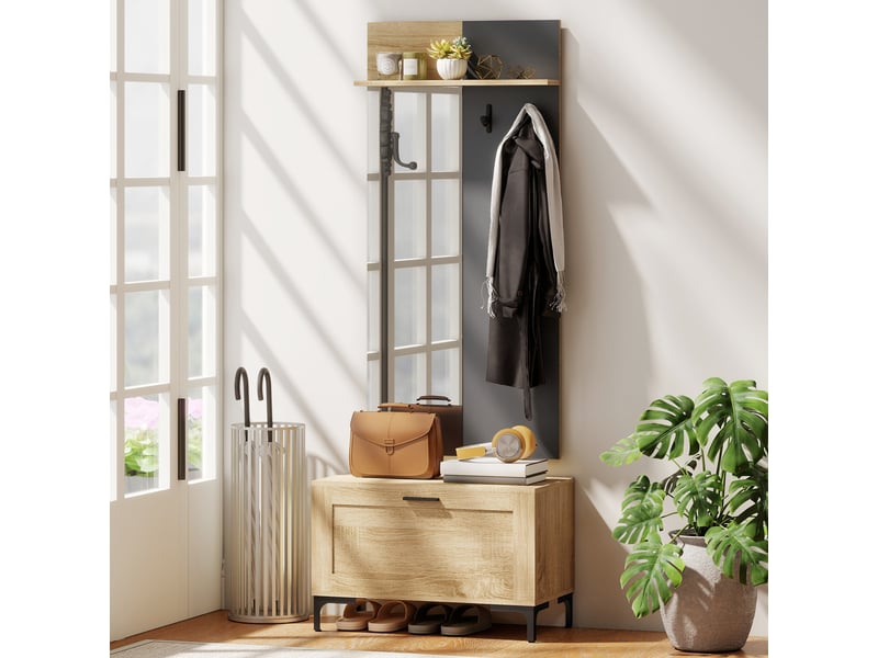  Ensemble d'entrée comprenant un banc à chaussures, un miroir, 3 crochets, une étagère ouverte et des meubles de couloir en bois naturel et gris.  - Conforama D