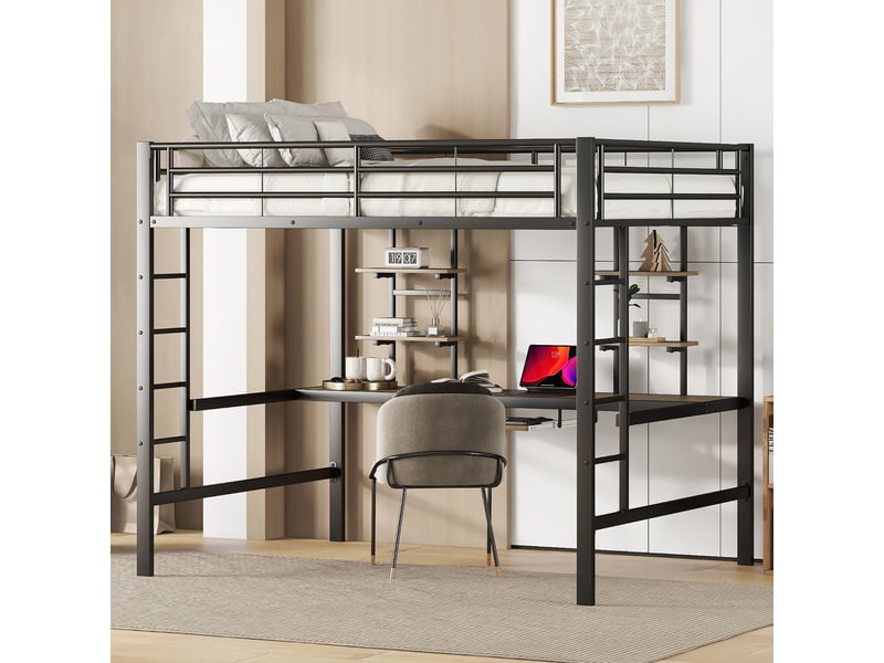  Lit mezzanine noir 140x200cm avec escalier rangement, 2 bibliothèques, bureau et étagères, gain de place - fer - pour enfant ado  - Conforama C
