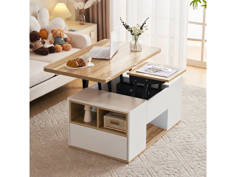 Table basse relevable multifonction, 2 plateaux, rangements, 100 x 51 x 47 cm, blanc et bois naturel - Conforama E