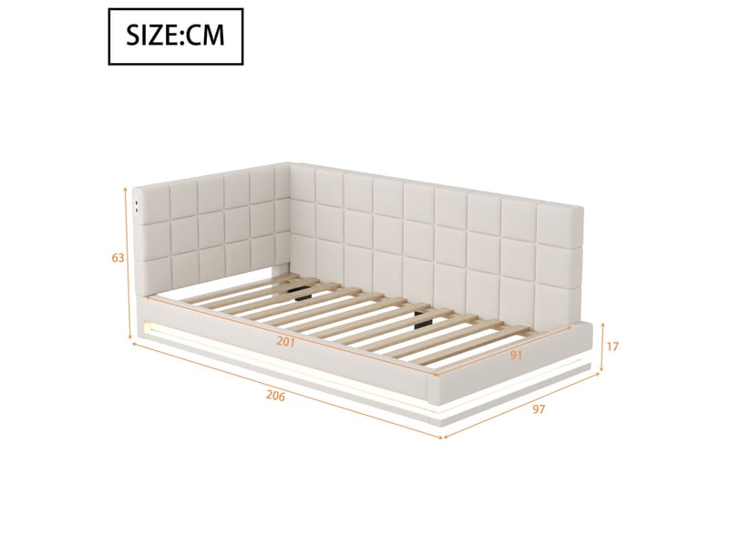  Lit gigogne 90x200, couchage convertible banquette lit, revêtement lin beige, sommier inclus, led multicolore, ports usb  - Conforama C