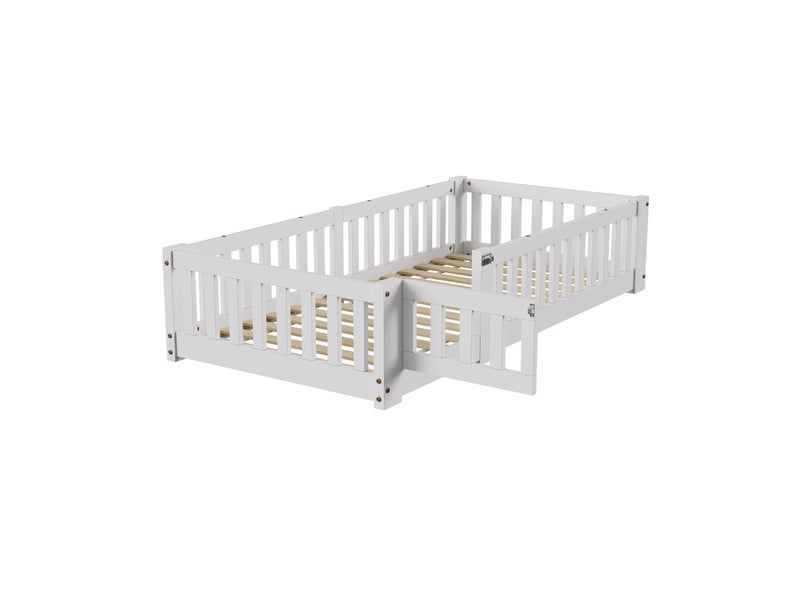  Lit enfant 90x190 cm, lit au sol avec barrière de sécurité et sommier à lattes, lits montessori pour garçons et filles, charge jusqu’à 100 kg, blanc  - Conforama R
