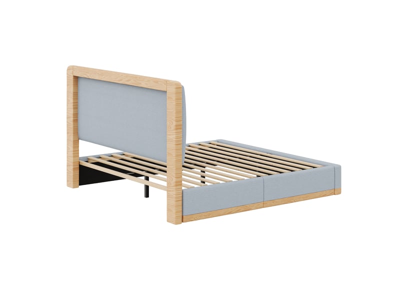  Lit rembourré 140x200 cm en tissu teddy, tête de lit matelassée avec coutures décoratives, cadre mdf et sommier à lattes, style naturel gris et bois  - Conforama E