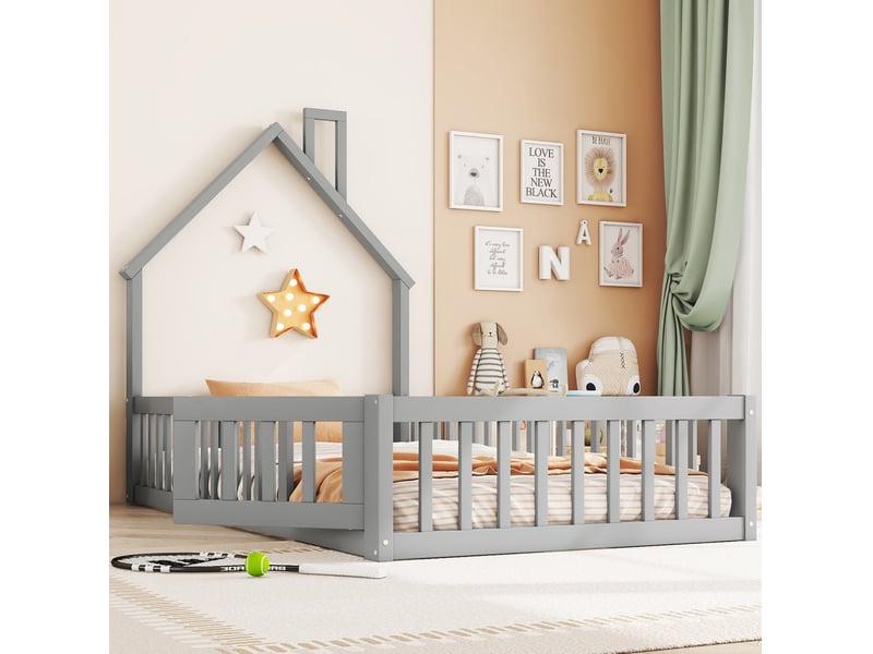  Lit cabane enfant 90 x 200 cm avec sommier à lattes et barrière de sécurité gris  - Conforama E