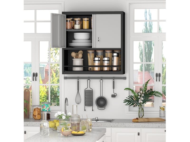  Armoire de rangement murale 76,2 x 30,5 x 78 cm noir et blanc en métal, 2 portes verrouillables, étagères réglables  - Conforama B