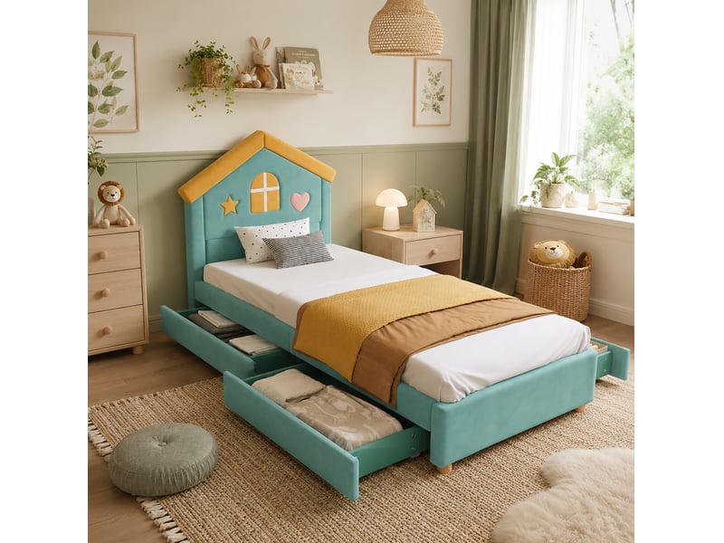  Lit enfant 90x200 cm avec 4 tiroirs, tête de lit maison en velours coloris bleu vert  - Conforama B