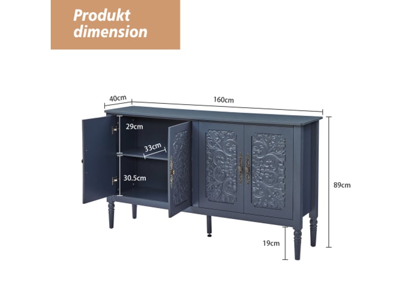  Buffet bleu marine à reliefs antiques, grand rangement, coins arrondis – meuble classique pour salle à manger et salon  - Conforama C