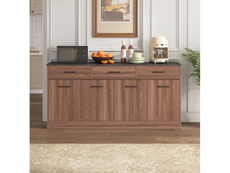  Buffet 160x37x76,5 cm, rangements avec trois tiroirs, finition noyer et béton, mdf, style contemporain, coloris brun  - Conforama D