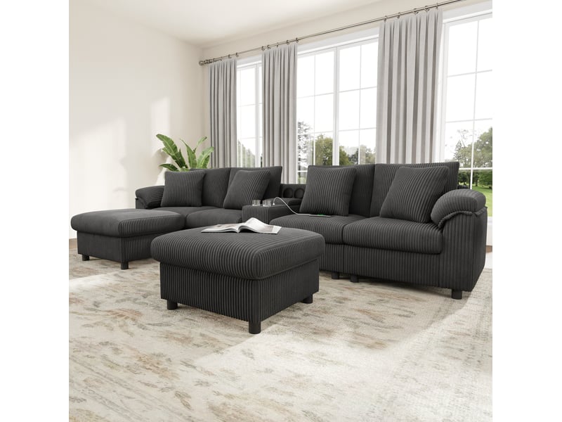 Canapé modulable modenvie u et l avec bluetooth, console, rangement, recharge sans fil, usb, porte-gobelets, corduroy gris - Conforama D