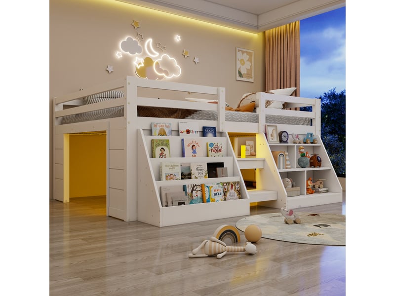  Lit mezzanine enfant 140x200cm en pin avec compartiments ouverts et led,lit superposé double avec échelle et barrières de sécurité,sans matelas-naturel  - Conforama B