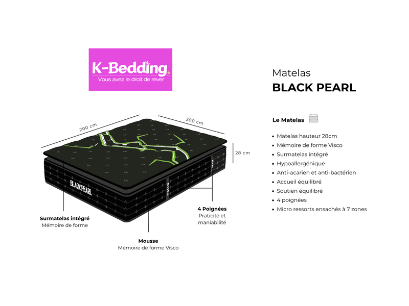  Matelas Black pearl  200x200 cm hauteur 28 cm surmatelas intégré ressorts ensachés 7 zones mémoire de forme visco  - Conforama C