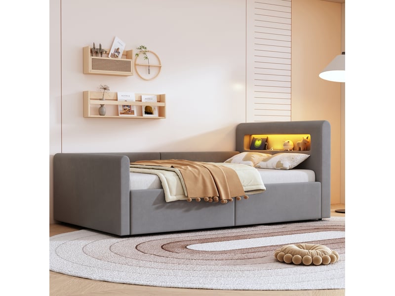  Lit coffre enfant 90x200 cm avec led et usb gris clair  - Conforama E
