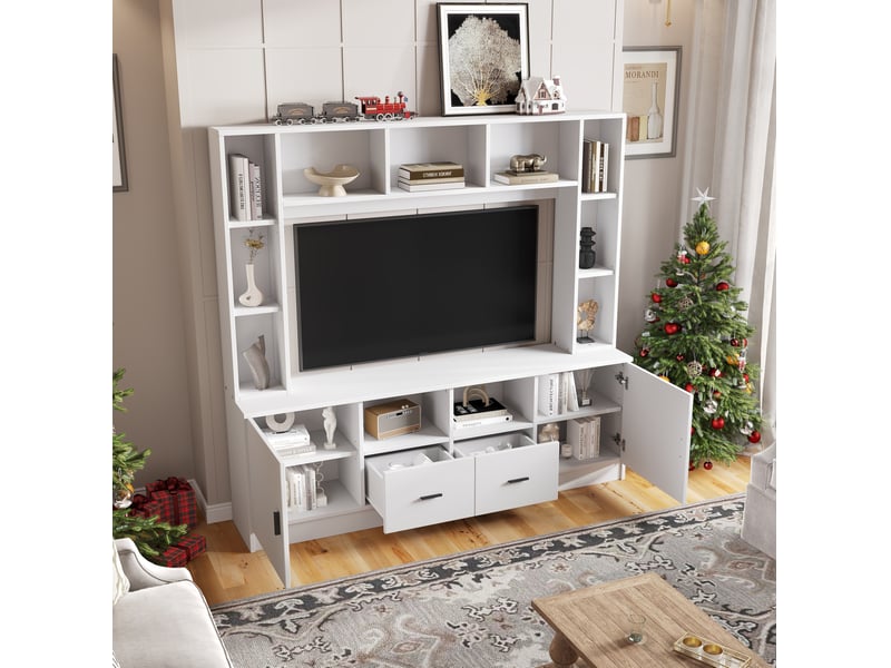  Ensemble mural tv modenvie blanc 180 x 35 x 170 cm avec 2 placards, 2 tiroirs et 11 compartiments  - Conforama D