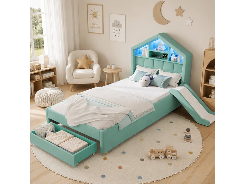 Lit cabane enfant 90 x 200 cm bleu-vert avec toboggan, éclairage led, port de charge, rangements et tiroir-lit - Conforama B