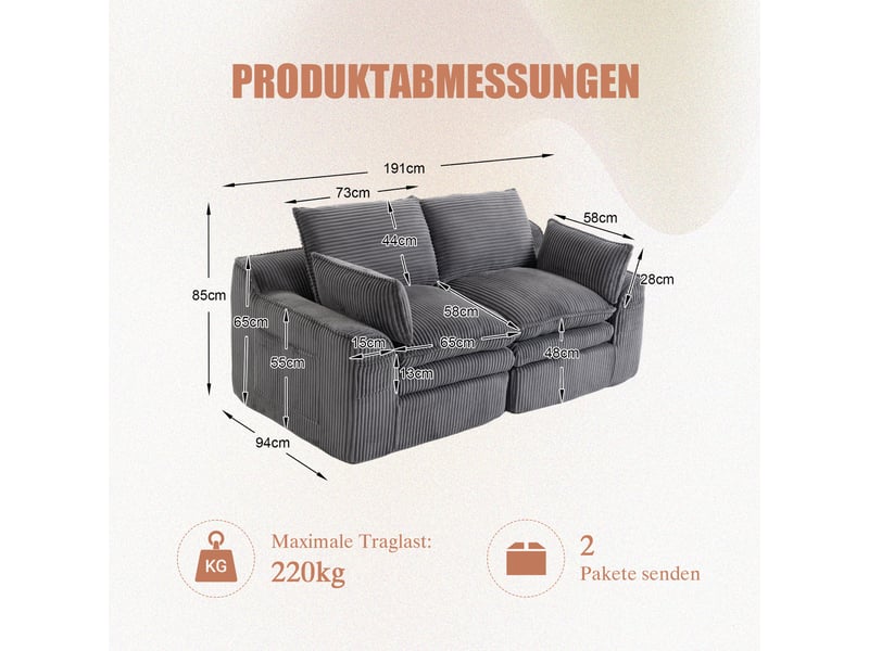  Canapé droit fixe 2 places tissu gris canapé compressible - Conforama C