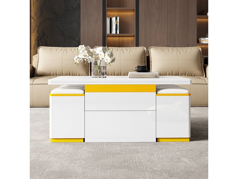  Table basse 100x50x43 cm relevable et dépliable, rangements et 4 poufs coffres, mdf et panneaux de particules, blanc et jaune ABC - Conforama D