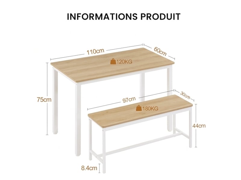  Ensemble table à manger 110x60 cm et 2 bancs, 4 personnes, style industriel naturel et blanc  - Conforama C