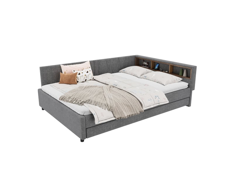  Lit en lin avec compartiments et éclairage led gris 145x210 cm  - Conforama A