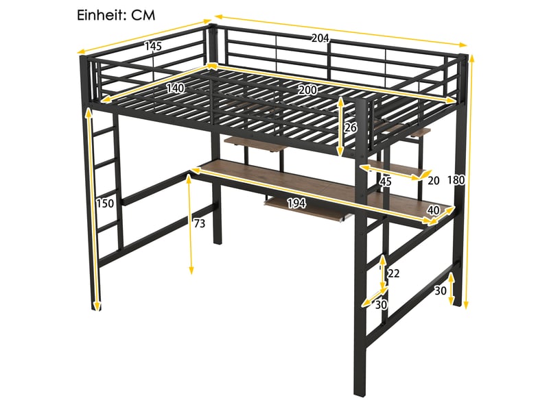  Lit mezzanine 140x200 cm avec bureau et 2 étagères, métal noir, enfants et adultes  - Conforama C