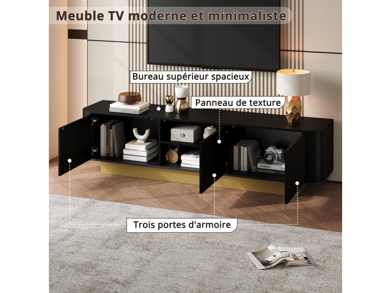  Meuble tv avec 3 portes, étagère réglable et passe-câbles pour salon 170×40,5×47 cm noir  - Conforama C