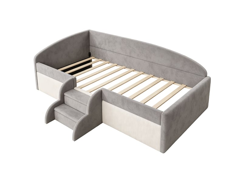  Lit mezzanine enfant 90 x 190 cm lit multifonction escalier barrières de sécurité structure rembourrée revêtement en velours doux la peau coloris gris  - Conforama A