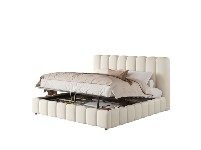  Lit double rembourré 180 x 200 cm avec coffre hydraulique, tête de lit capitonnée et pieds en bois massif, velours beige  - Conforama A