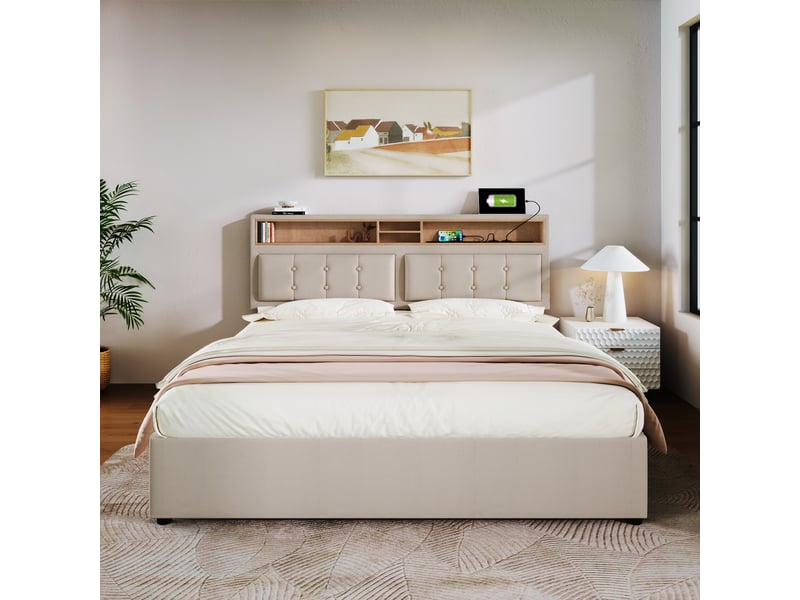  Lit polsteré en lin beige 140 x 200 cm  - Conforama B