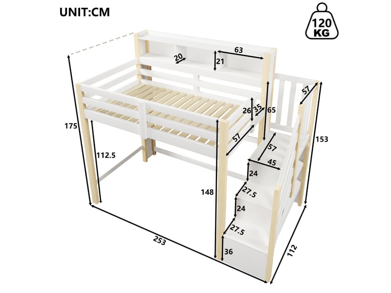  Lit mezzanine enfant 90 x 200 cm avec led, escalier de rangement et niches ouvertes blanc et naturel  - Conforama E