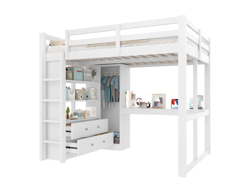  Lit mezzanine 140x200 cm blanc, avec bureau, 2 tiroirs, étagères, penderie, led, usb, sommier inclus, sans matelas  - Conforama A