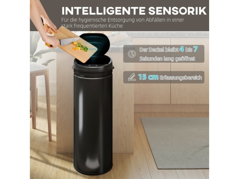 Poubelle à capteur 50 l en acier inoxydable, sans contact, fermeture douce, cuisine hygiénique - Conforama D