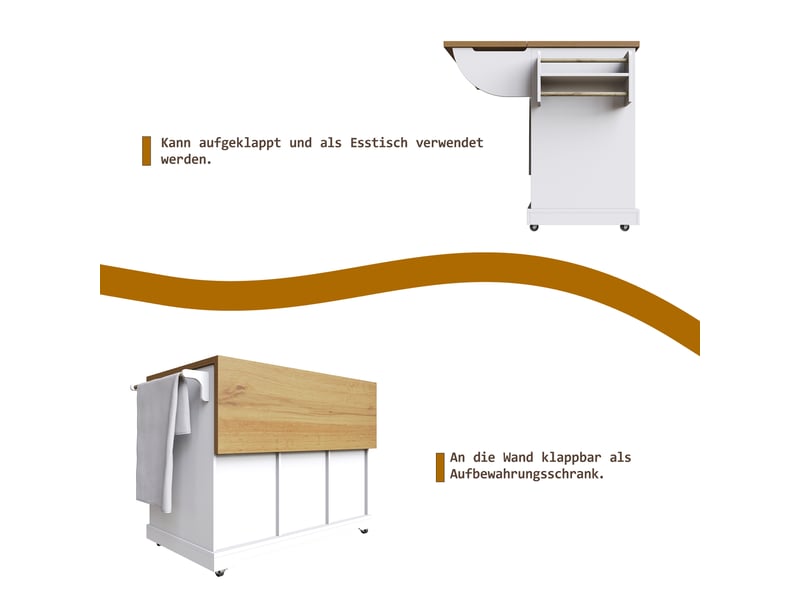  Îlot de cuisine mobile blanc, plateau rabattable, aspect bois, gain de place  - Conforama E