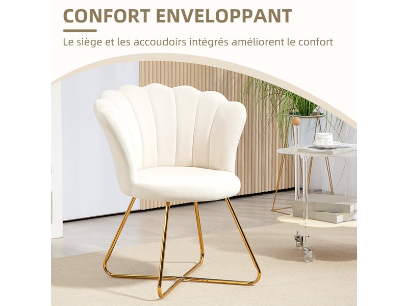  Fauteuil coquillage en velours avec pieds en acier crème 69x64x80 cm  - Conforama D