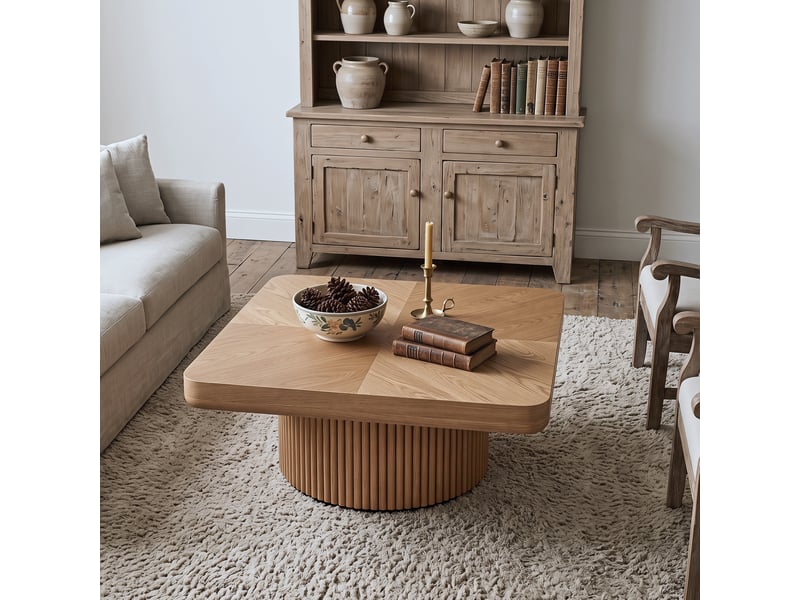 Table basse carrée à plateau façon parquet et pied central bois naturel 78 × 78 × 38 cm IKSETERA TRADING LTD - Conforama D