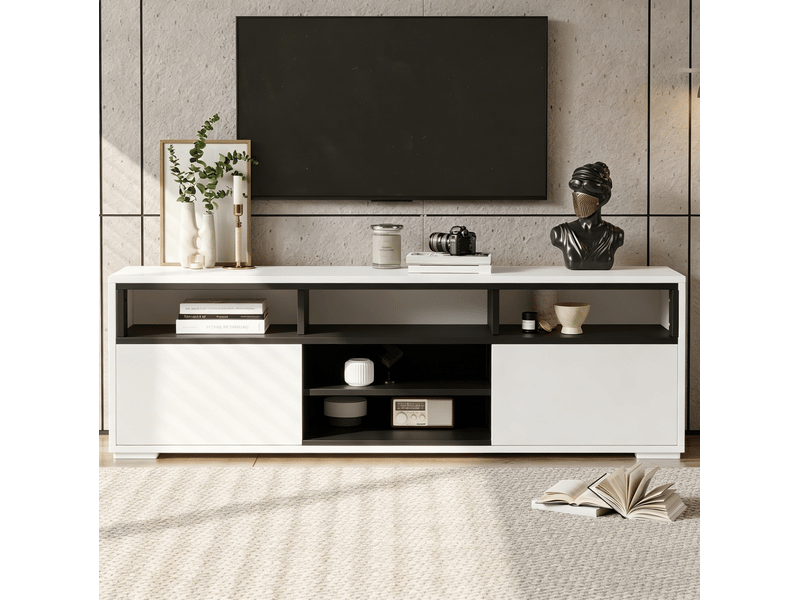  Meuble tv ulevr avec led et rangement, 150 x 35 x 50 cm, panneau de particules blanc et noir  - Conforama E
