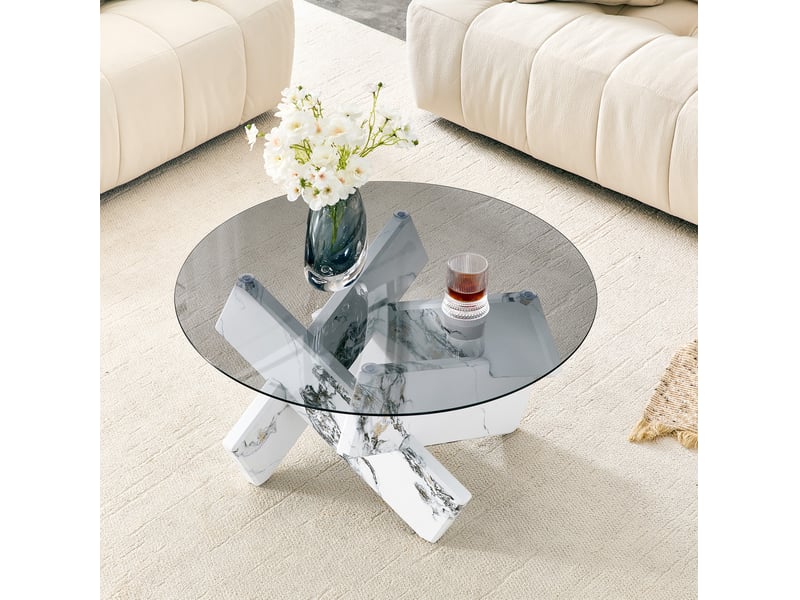  Table basse ronde en verre trempé avec piètement géométrique en mdf blanc  - Conforama D