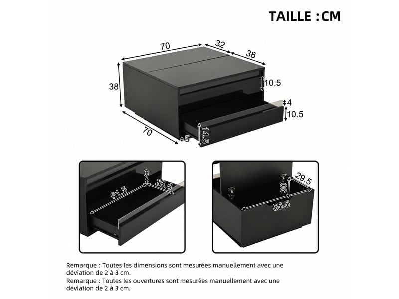  Table basse relevable noire avec led, rangement caché, tiroir, 70 x 70 x 38 cm  - Conforama E